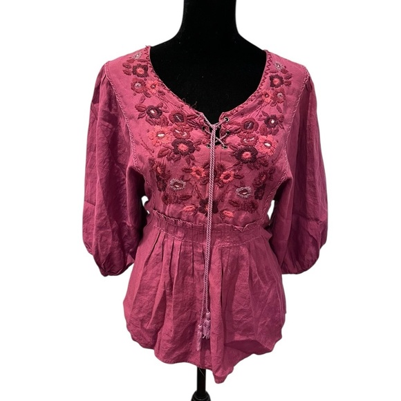 Vintage Tops - Y2K VAC Red Boho Embroidered Lace Up Floral Tunic Top XS witchy whimsical 90s